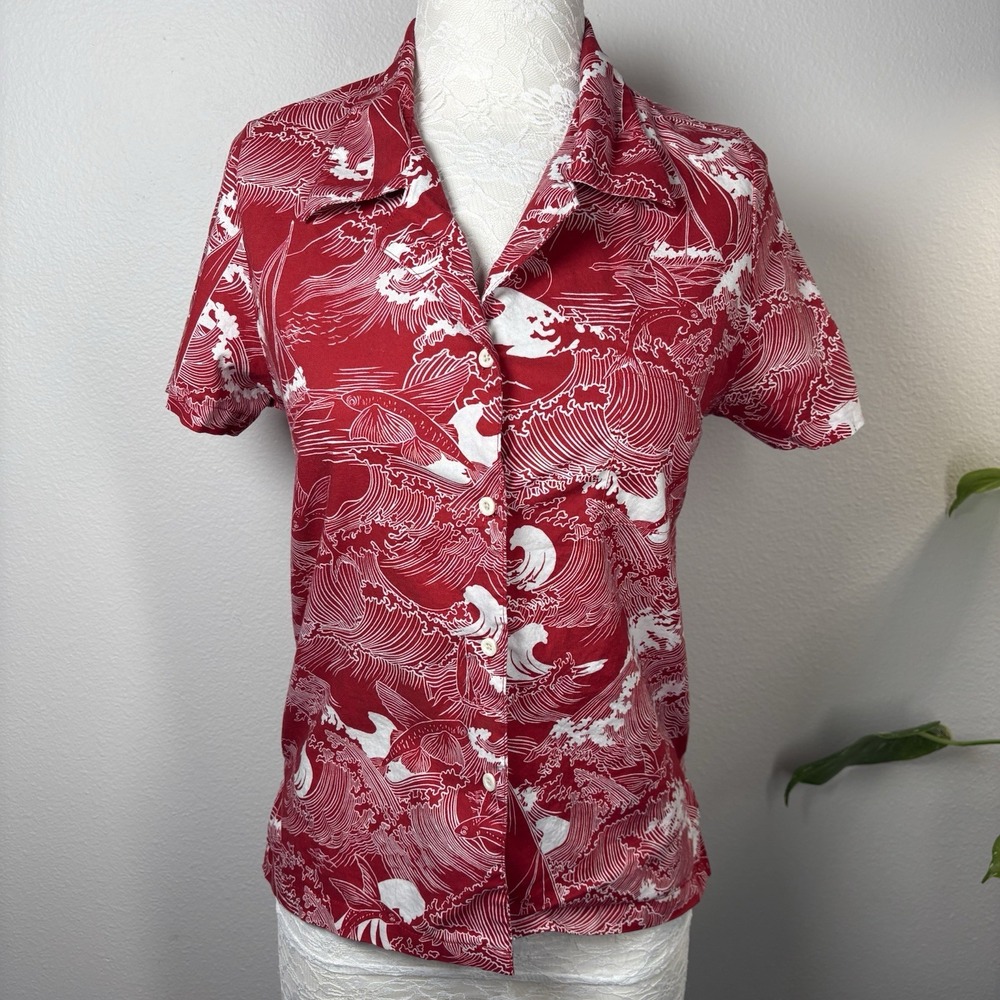 Honoli'i Aloha Women's Small ~ Red Tropical Hawaiian Waves Shirt Button Up
